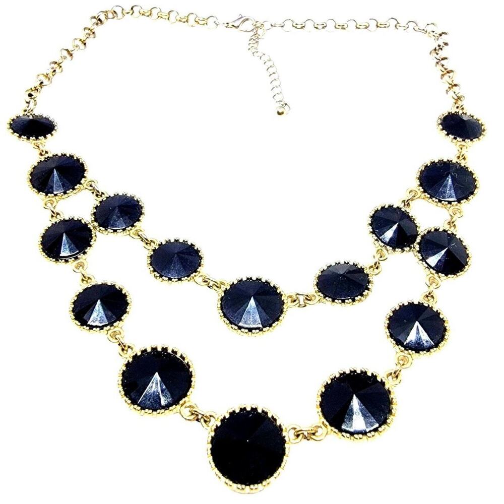 Black Acrylic Necklace Round Faceted Beads Shape Two Layers 12" - 14" Long